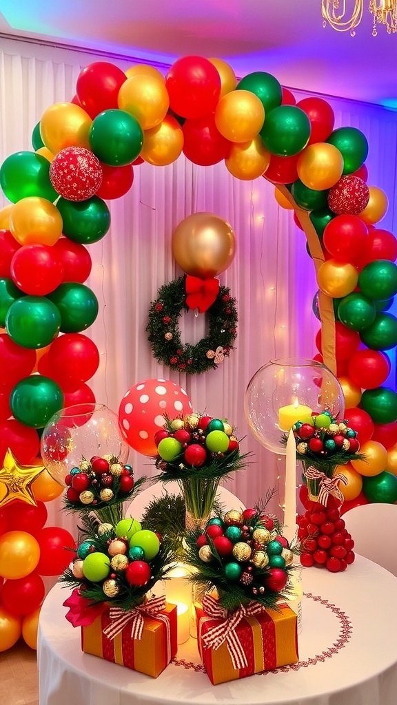 Festive Christmas Balloon Decor Ideas A festive Christmas balloon arch and bouquets in red, green, and gold colors, enhancing a holiday celebration.